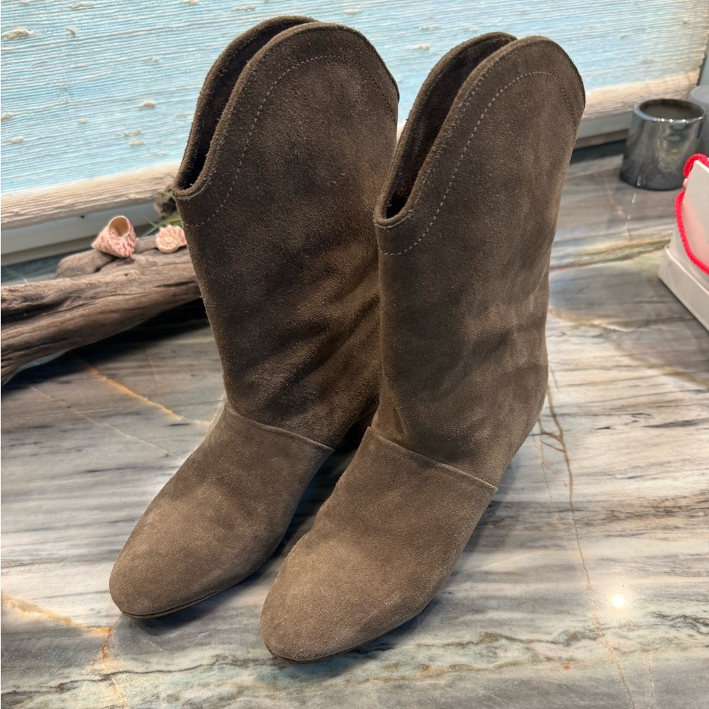 See By Chloe Gray Matte Suede Mid-Calf Heeled Boots